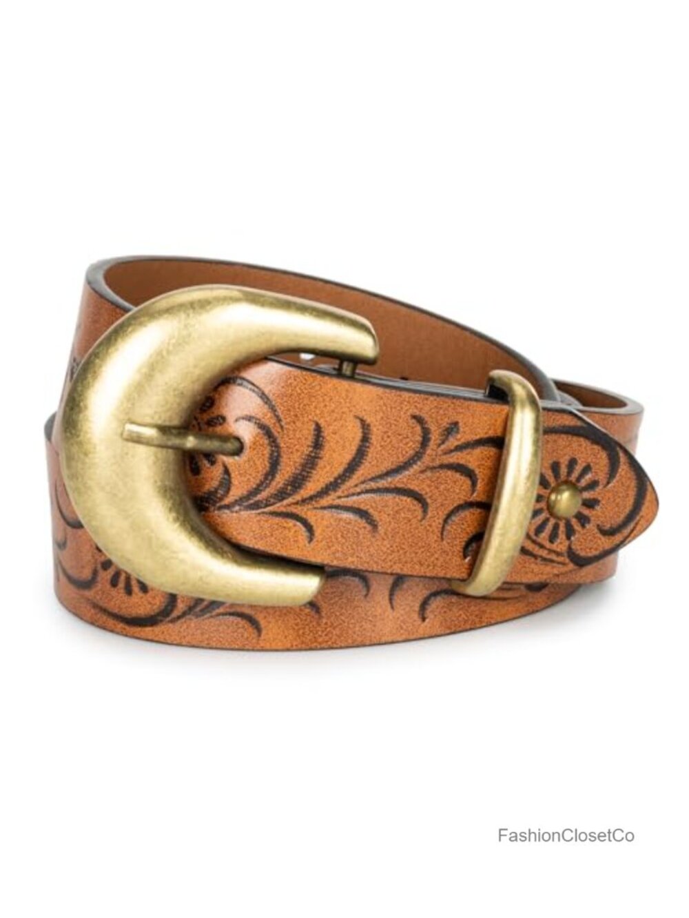 Western Belt Women PU Leather Floral Embossed Gold Buckle Adjustable